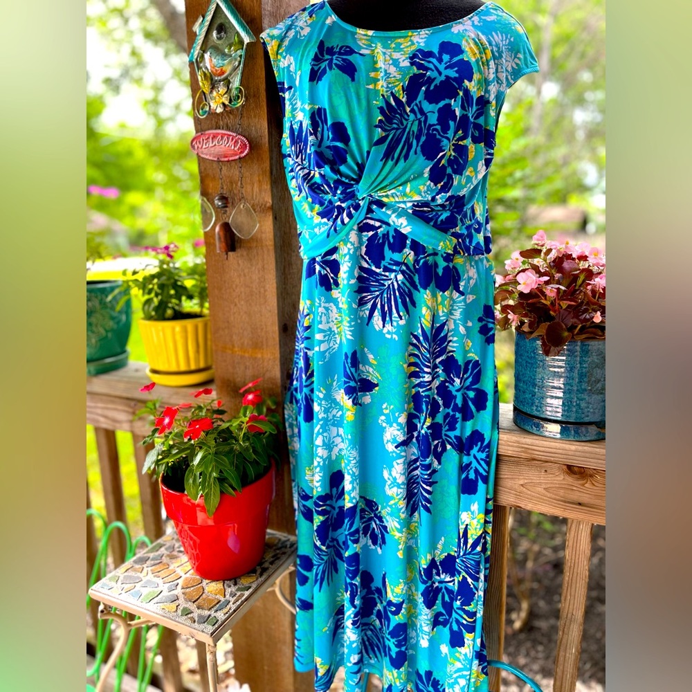 Ruby Rd. Blue Tropical Print Round Neck Sleeveless Pullover Stretch Midi Dress M
